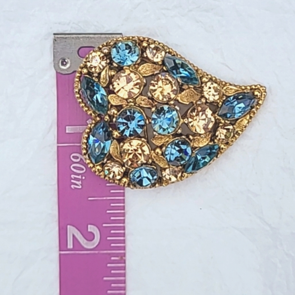 ABSTRACT HEART RHINESTONE PIN BROOCH - TEAL & CHAMPAGNE STONES - Picture 4 of 7